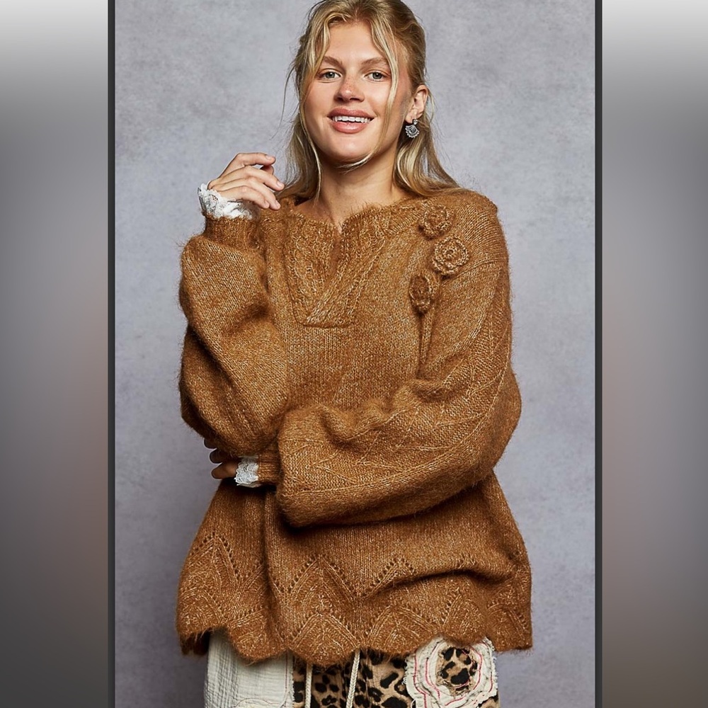 POL Brown Sweater with Floral Detail